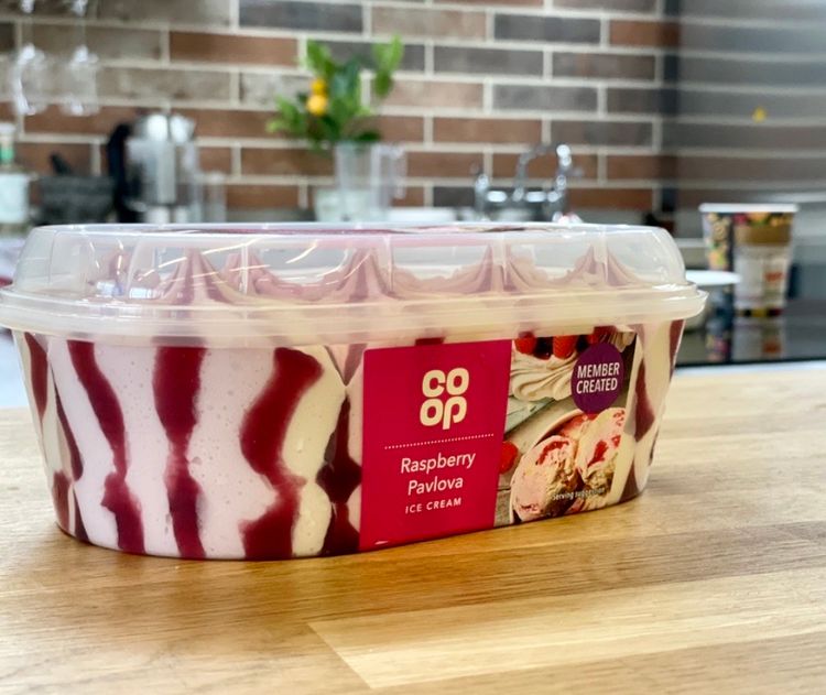 A tub of Co-op Raspberry Pavlova ice cream