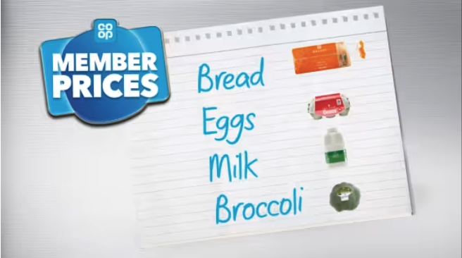 A paper shopping list of bread, eggs, milk and broccoli, attached to a fridge with a Co-op member prices magnet.