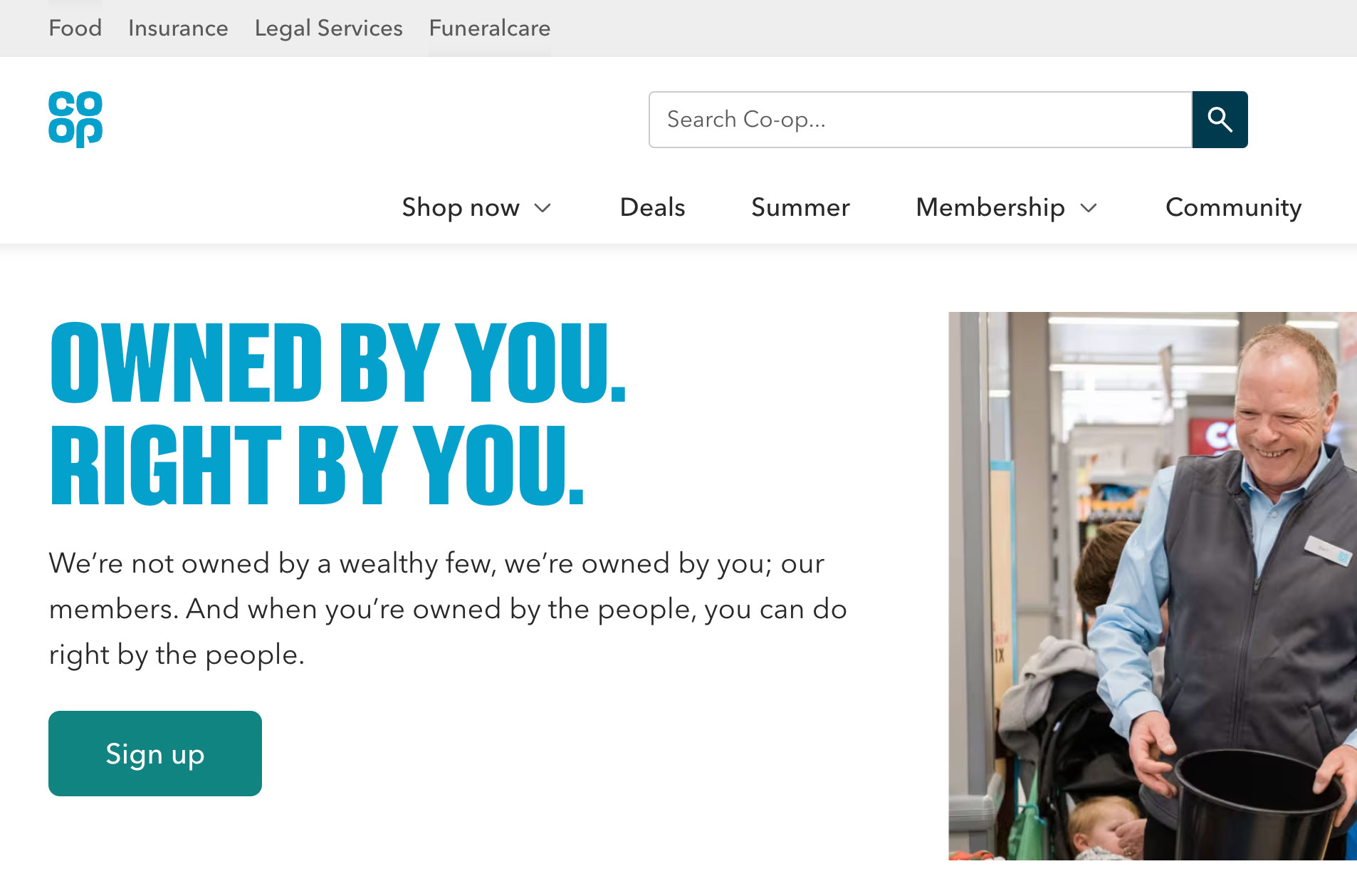 The Co-op logo in the top corner of the coop.co.uk website and the Co-op headline font in Co-op blue as the main page heading