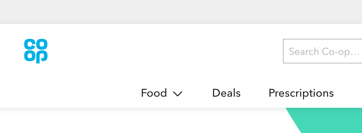 The Co-op logo in the top corner of the coop.co.uk website