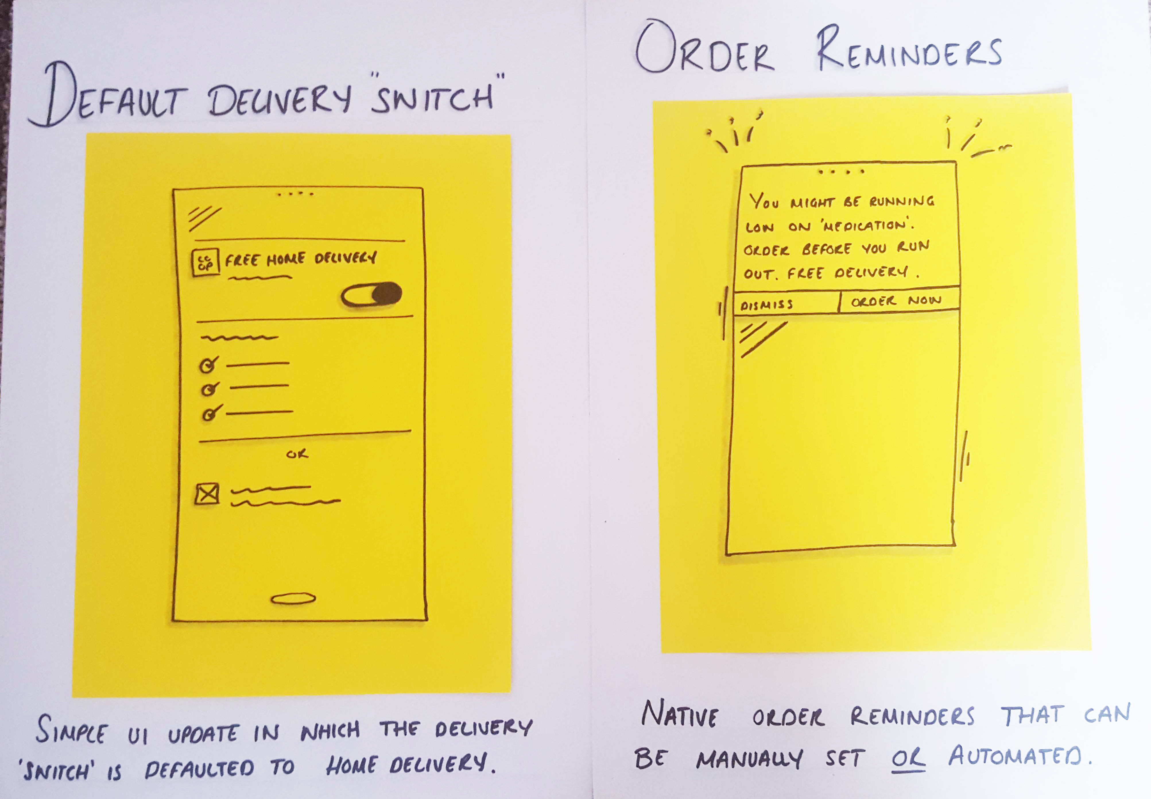 Two one page storyboards. Each contain a title of the idea, a short description and a simple sketch. The sketch is on a large post it and stuck below the title on a A4 sheet of paper.